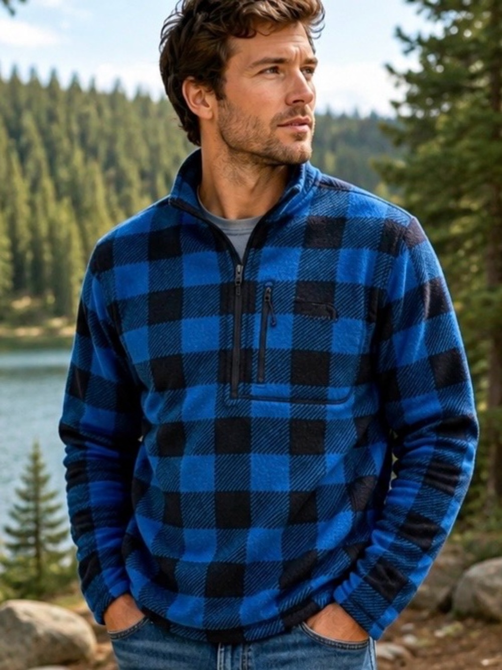 The North Face Buffalo Plaid Black & Blue Quarter Zip Fleece Size Medium